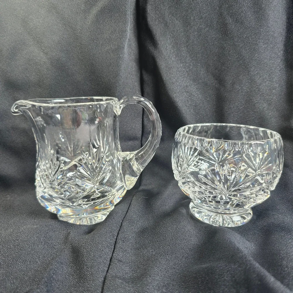 Vintage Cut Lead Crystal Cream and Sugar Set Starburst Pattern Scalloped Rim